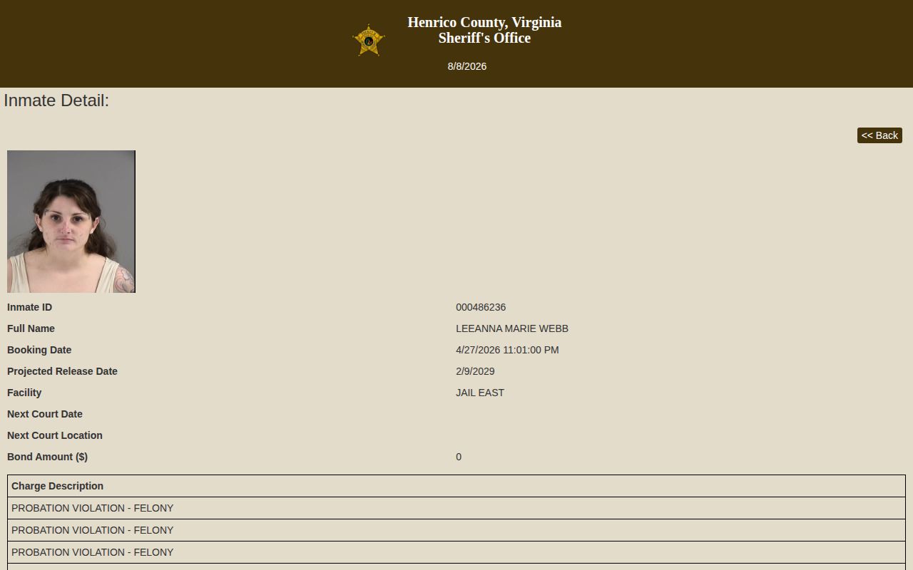 Henrico County current inmate detail showing release fields but no mugshot