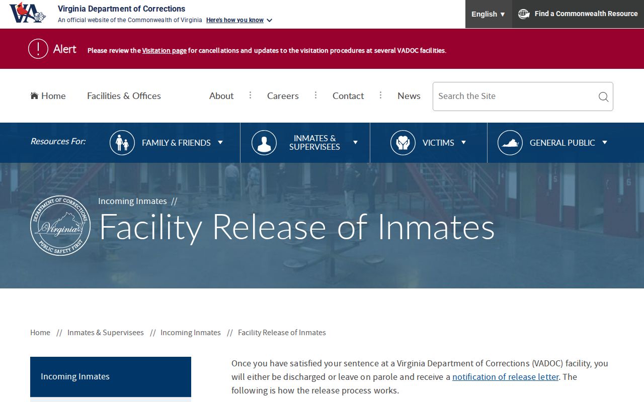 Virginia Department of Corrections facility release information for Henrico County cases