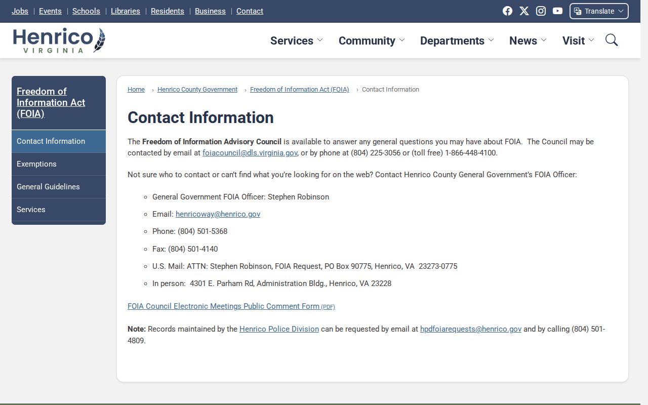 Henrico County release record FOIA contact page