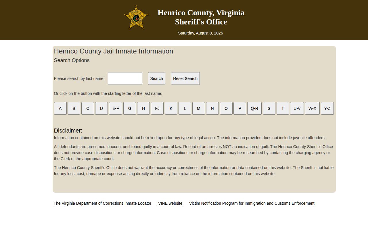Henrico County current jail search used to check 24 hour releases